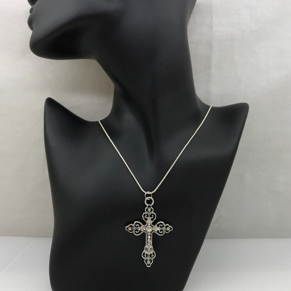 Victorian 925 Sterling Silver Cross Pendant Necklace Filigree Statement 24”